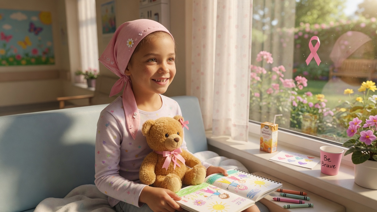Sofia, a brave 8-year-old girl fighting cancer, with a hopeful smile and gentle eyes