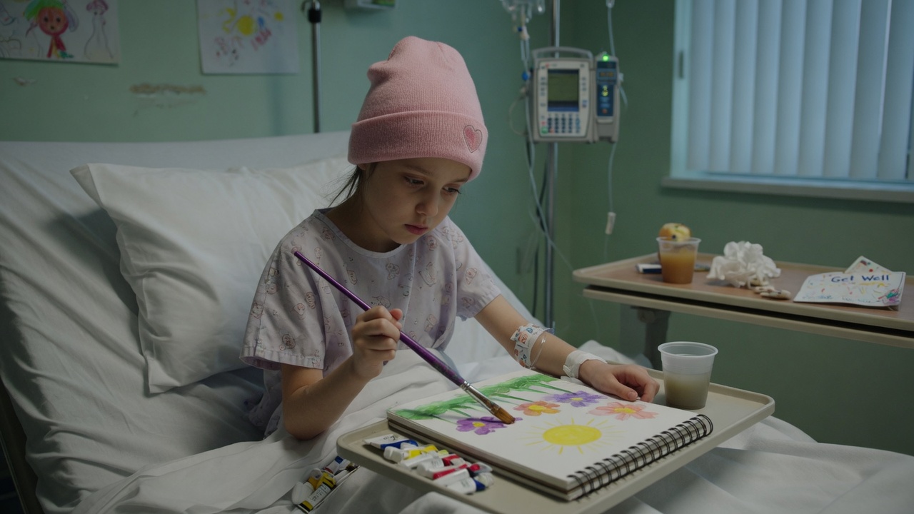 8 year old girl Sofia struggling to paint in gloomy hospital setting during cancer treatment