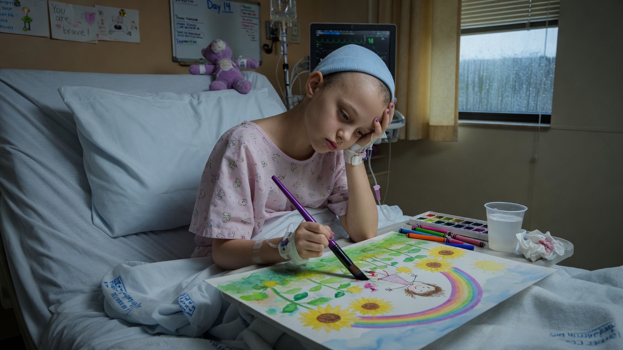 Little girl Sofia painting while struggling and tired during cancer treatment, gloomy atmosphere